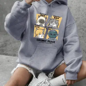 Kozmik Barış Kedileri Baskılı Kapüşonlu Üstler Kadınlar İçin Günlük Bol Sweatshirtler Kışlık