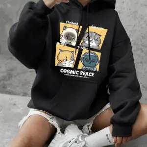 Kozmik Barış Kedileri Baskılı Kapüşonlu Üstler Kadınlar İçin Günlük Bol Sweatshirtler Kışlık