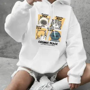 Kozmik Barış Kedileri Baskılı Kapüşonlu Üstler Kadınlar İçin Günlük Bol Sweatshirtler Kışlık