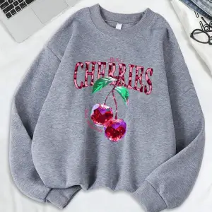 Kristal Kiraz Baskı Tişörtü Kadın Gevşek Temelleri Kapüşonlular Polar Sıcak Bisiklet Yaka Elb