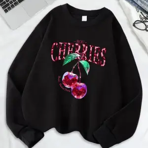 Kristal Kiraz Baskı Tişörtü Kadın Gevşek Temelleri Kapüşonlular Polar Sıcak Bisiklet Yaka Elb