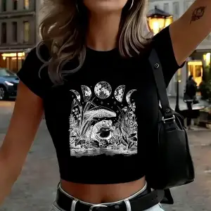 Kurbağa Mantar Ay Cadı Baskılı Kadın Babby Tee Yazlık Dar Kesim Yuvarlak Yaka Tişört Yumuşak K