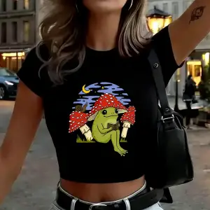 Kurbağa Mantar Baskılar Kadın Kırpma Üstleri Yaz Uydurma İnce O-Boyun Tees Yumuşak Kısa Kollu