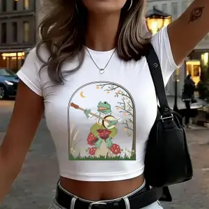 Kurbağa Mantar Üzerinde Banjo Çalıyor Baskılı Kadın Babby TeeTişörtleri Yazlık Yüksek Esnek Yumuş