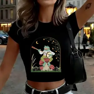 Kurbağa Mantar Üzerinde Banjo Çalıyor Baskılı Kadın Babby TeeTişörtleri Yazlık Yüksek Esnek Yumuş