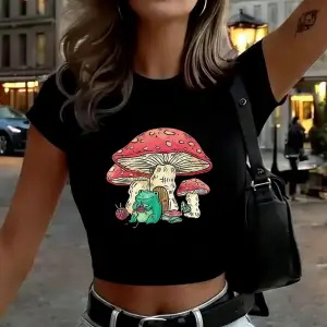Kurbağa Örgü Mantar Ev Baskıları Kadın Kırpma Üstleri Yaz İnce O-Yaka Tişörtler Yumuşak Kısa