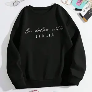 La Dolce Vita Italia Baskılı Bayan Kazak Bisiklet Yaka Y2K Gevşek Giyim Çok Renkli Rahat Kaza