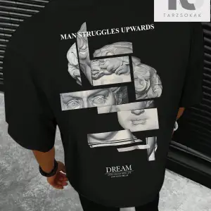 LEGND Erkek Heykel & Slogan Grafikli Düşük Omuz Tişörtü