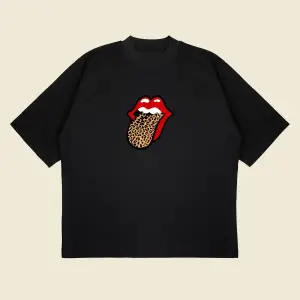 Leopar Rolling Stones Baskılı Oversize Unisex Pamuklu Nefes Alan Kalın Kumaşlı