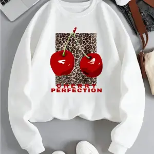 Leopar Ve Kiraz Kazak Kadın Taze Meyve Baskı Hoody Gevşek Polar Sıcak Bisiklet Yaka Elbise Mo