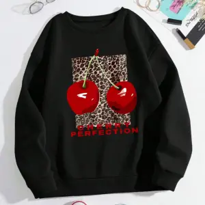 Leopar Ve Kiraz Kazak Kadın Taze Meyve Baskı Hoody Gevşek Polar Sıcak Bisiklet Yaka Elbise Mo