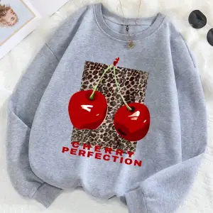 Leopar Ve Kiraz Kazak Kadın Taze Meyve Baskı Hoody Gevşek Polar Sıcak Bisiklet Yaka Elbise Mo