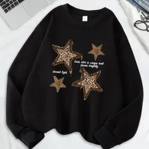 Leopar Yıldız Baskı Tişörtü Bayan Bisiklet Yaka Tüm Maç Kapüşonlular Gevşek Polar Sıcak Kazak