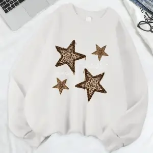 Leopar Yıldız Baskı Tişörtü Bayan Bisiklet Yaka Tüm Maç Kapüşonlular Gevşek Polar Sıcak Kazak