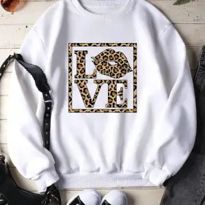 Leopard & Letter Graphic Lined Sweatshirt Beyaz