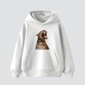 Leopard Siluet Baskılı Oversize Unisex Premium Beyaz