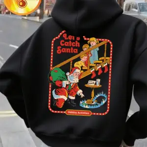 LetS Catch Santa Baskılı Kapüşonlu Üstler Kadın Rahat Günlük Kazak Temel Cepli Sweatshirt Kı