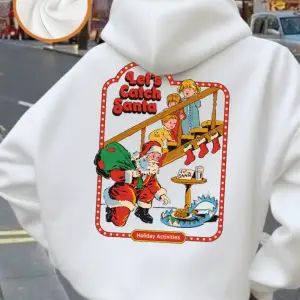 LetS Catch Santa Baskılı Kapüşonlu Üstler Kadın Rahat Günlük Kazak Temel Cepli Sweatshirt Kı