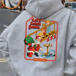 LetS Catch Santa Baskılı Kapüşonlu Üstler Kadın Rahat Günlük Kazak Temel Cepli Sweatshirt Kı