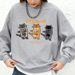 LetS Dance Cats Baskılı Tişörtü Bayan Sonbahar Uzun Kollu Bisiklet Yaka Kapüşonlu Üstler Büy