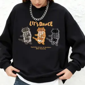 LetS Dance Cats Baskılı Tişörtü Bayan Sonbahar Uzun Kollu Bisiklet Yaka Kapüşonlu Üstler Büy