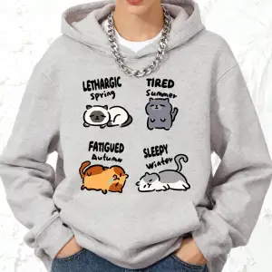 Lethargic Yorgun Uykulu Kedi Baskılı Kapüşonlu Üstler Pamuklu Kadın Sportif Bol Üstler Kışlık