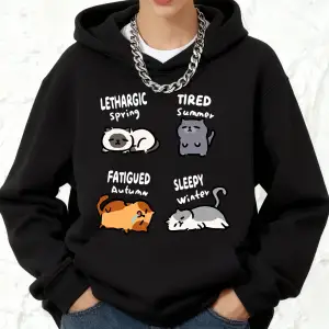 Lethargic Yorgun Uykulu Kedi Baskılı Kapüşonlu Üstler Pamuklu Kadın Sportif Bol Üstler Kışlık