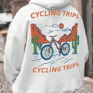 Letter & Bike Print Drop Shoulder Drawstring Hoodie Beyaz