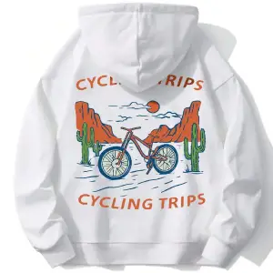 Letter & Bike Print Drop Shoulder Drawstring Hoodie Beyaz