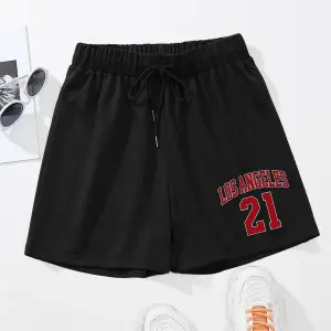 Letter Graphic Drawstring Waist Şort