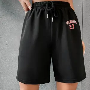 Letter Graphic Drawstring Waist Şort