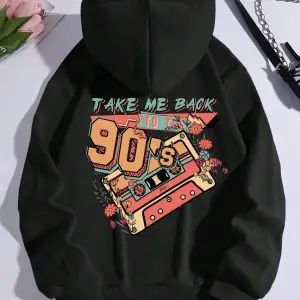 Letter Graphic Kangaroo Pocket Drawstring Lined Hoodie Siyah