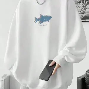 Letter & Shark Print Drop Shoulder Pullover Beyaz