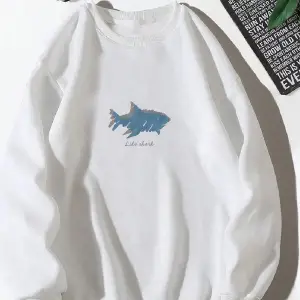 Letter & Shark Print Drop Shoulder Pullover Beyaz