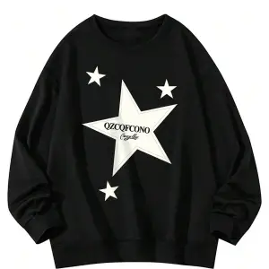 Letter & Star Pattern Drop Shoulder Pullover Siyah