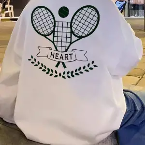 Letter & Tennis Racket Print Drop Shoulder Sweatshirt Beyaz