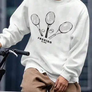 Letter & Tennis Racket Print Drop Shoulder Sweatshirt Beyaz