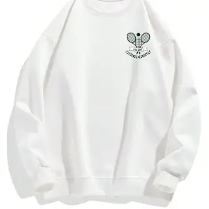 Letter & Tennis Racket Print Drop Shoulder Sweatshirt Beyaz