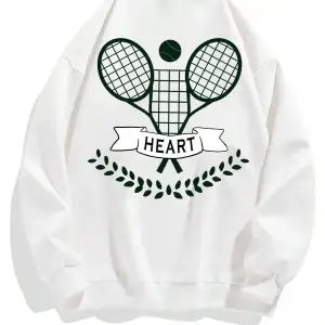 Letter & Tennis Racket Print Drop Shoulder Sweatshirt Beyaz