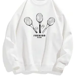 Letter & Tennis Racket Print Drop Shoulder Sweatshirt Beyaz