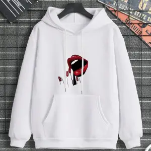 Lip Print Kangaroo Pocket Drawstring Hoodie Beyaz