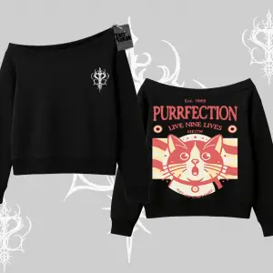 Live Nine Lives Kedi Tasarımlı Kayık Yaka Sweatshirt
