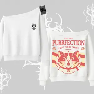 Live Nine Lives Kedi Tasarımlı Kayık Yaka Sweatshirt