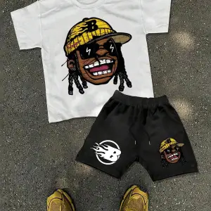 Lonblece 2li Erkek Karikatür Baskılı Kısa Kollu Tişört Şort Takımı