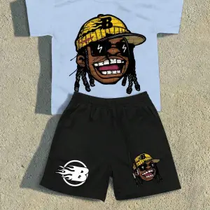 Lonblece 2li Erkek Karikatür Baskılı Kısa Kollu Tişört Şort Takımı