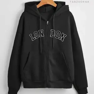 London Baskılı Örme Pamuk 2 iplik Siyah Fermuarlı Hırka