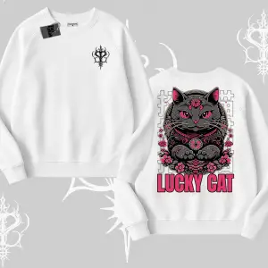 Lucky Cat Japon Tarzı Kedi Baskılı Biskilet Sweatshirt