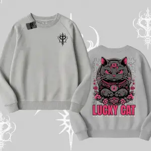 Lucky Cat Japon Tarzı Kedi Baskılı Biskilet Sweatshirt