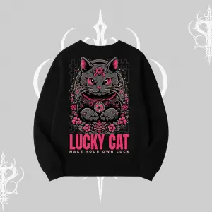 Lucky Cat Japon Tarzı Kedi Baskılı Biskilet Sweatshirt
