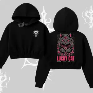 Lucky Cat Japon Tarzı Kedi Baskılı Kapşonlu Crop Sweatshirt